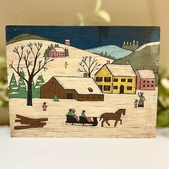 Vintage Folk Art Sleigh Ride Painting on Board 16 x 12 American Snow Horse Farm - Picture 11 of 11